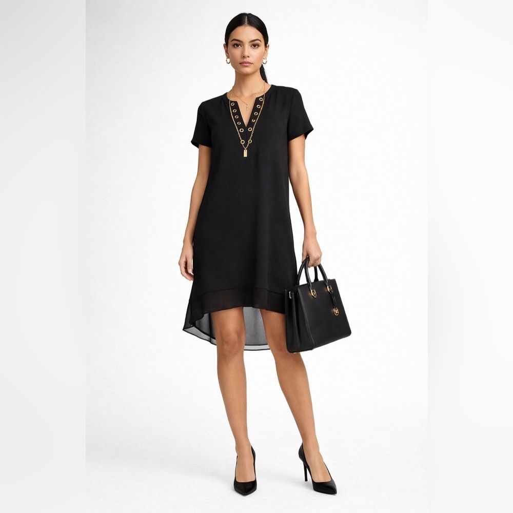 Michael Michael Kors Black Shift Dress Small Grommet Neck High Low Hem